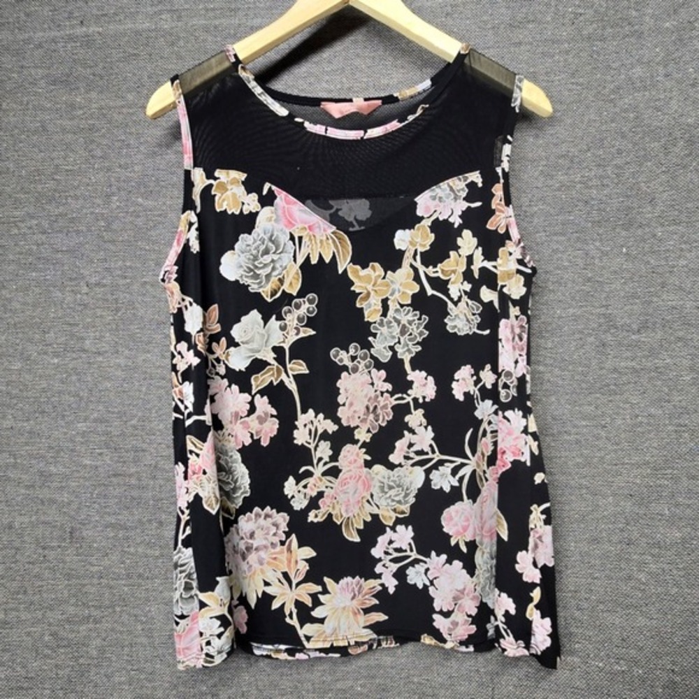 SJS Womens Floral Mesh Yoke Sleeveless Top Black Pink Rose Print Size L‎